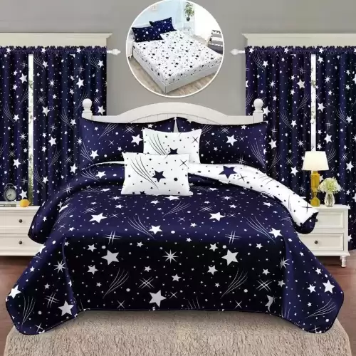 Set Lenjerie pat dublu cu Elastic (160x200cm, 180x200cm) + 2 draperii, finet, 8 piese, Alb, Albastru, stele