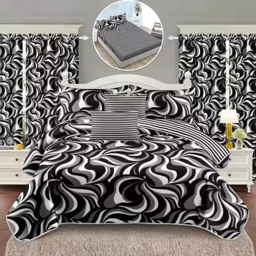 Set Lenjerie pat dublu cu Elastic (160x200cm, 180x200cm) + 2 draperii, finet, 8 piese, Alb, Negru, abstract