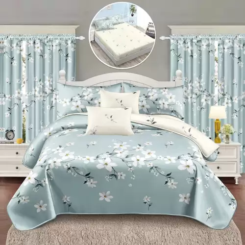 Set Lenjerie pat dublu cu Elastic (160x200cm, 180x200cm) + 2 draperii, finet, 8 piese, Bleu, flori