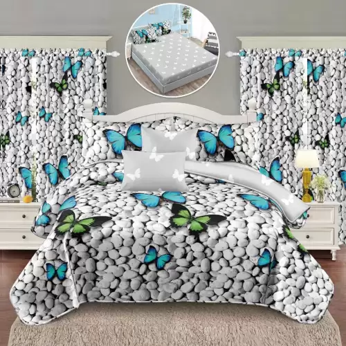 Set Lenjerie pat dublu cu Elastic (160x200cm, 180x200cm) + 2 draperii, finet, 8 piese, Gri, Albastru, Fluturi