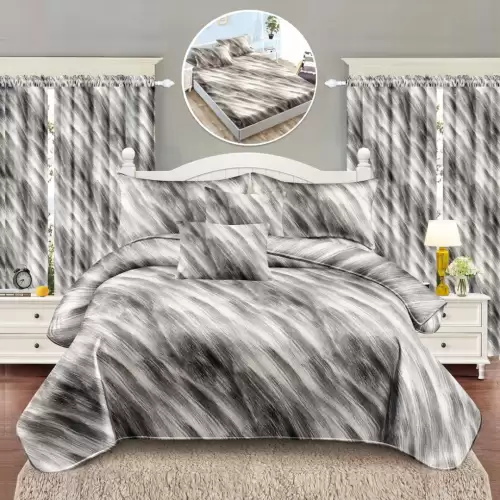 Set Lenjerie pat dublu cu Elastic (160x200cm, 180x200cm) + 2 draperii, finet, 8 piese, Gri, Model Clasic