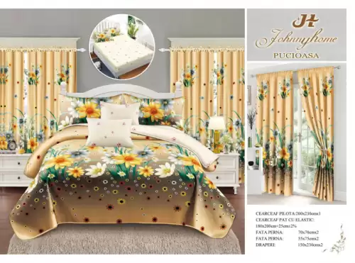 Set Lenjerie pat dublu cu Elastic + 2 draperii, finet, 8 piese - Camp de flori