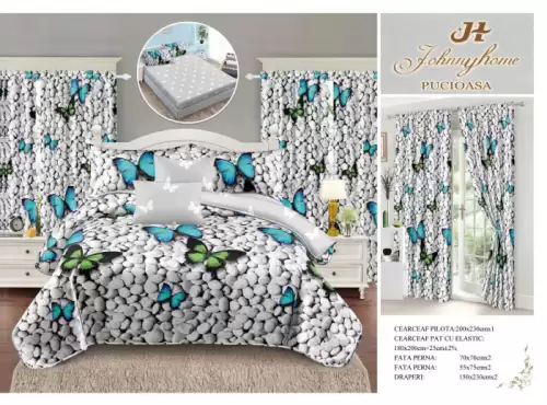 Set Lenjerie pat dublu cu Elastic + 2 draperii, finet, 8 piese - Fluturi Pietre
